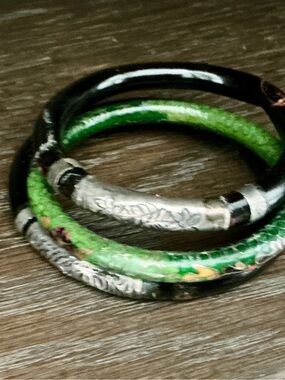 Artisan Green and Black Cloisonné-Style Bracelet Set